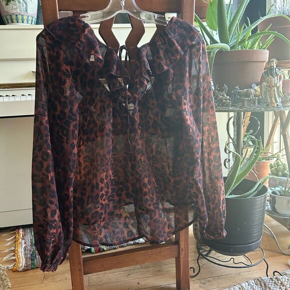 Amisu Brown and Black Sheer Ruffled Tie Front Blouse XS - Picture 3 of 15